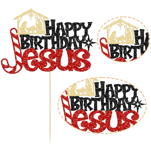 Ephlyn 1Pcs Happy Birthday Jesus Cake Topper - Glitter Nativity Theme (Black Red-7)