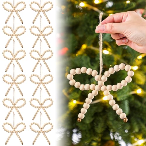 12 Pcs Wooden Bead Bow Christmas Ornaments Farmhouse Rustic Decor