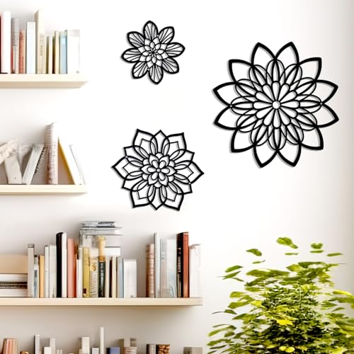 3-Piece Metal Flower Wall Art Set, Black Modern Farmhouse Decor