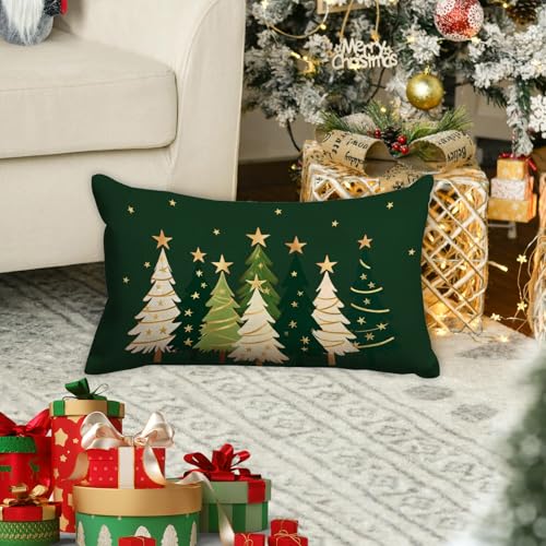 JOOCAR 16x24 Inch Watercolor Christmas Tree Pillow Cover Green Linen Holiday Decor Pack of 1