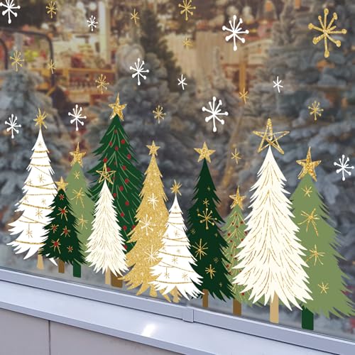 Whaline 9 Sheets Christmas Window Clings - White Green Gold Xmas Tree & Snowflake Decor (White Green Gold Trees)