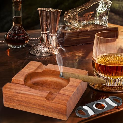 Wooden Cigar Ashtray with Cutter, 4-Slot Walnut Ash Tray for Home and Patio