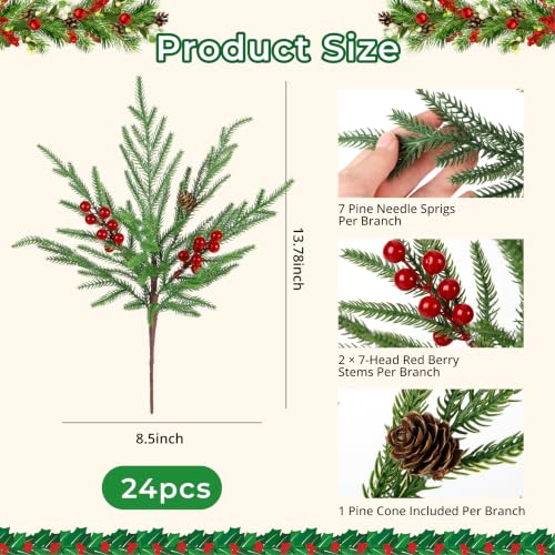 Auihiay 24Pcs Outdoor Faux Christmas Pine Branches with Warm White LED Lights - Green
