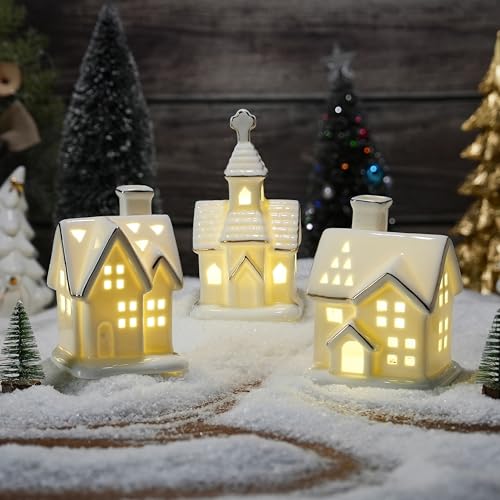 White Ceramic Light-Up Christmas Village Houses Set with Mini Trees
