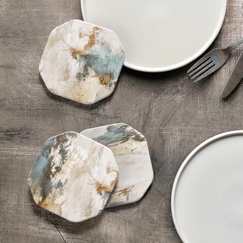 Morning Patina Teal Beige Ceramic Coasters Set of 6 with Holder - Absorbent & Non-Slip