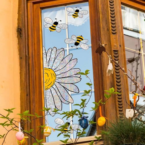 5-Piece Bee & Sunflower Double-Sided Window Clings - Reusable Glass Decals