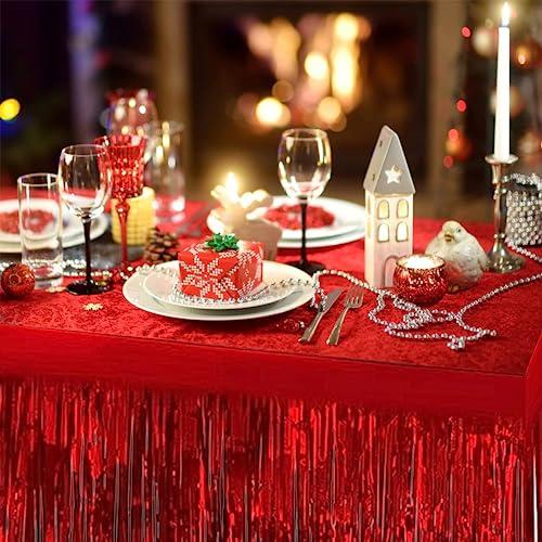 BEAIMUXI 6 Pack Red Metallic Foil Fringe Table Skirts 9 Feet x 29.5 Inch - Party Decor