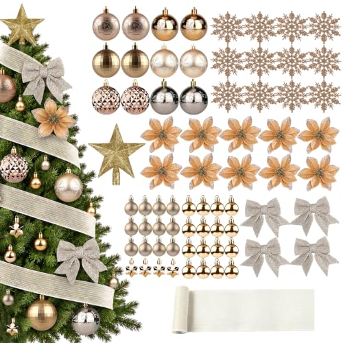 CLEANGOR 72Pcs Christmas Ornament Set – Champagne Gold Decor Kit