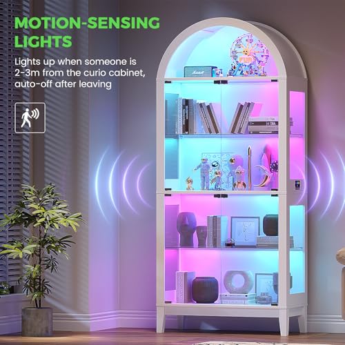 Arched Glass Display Cabinet with RGB LED Motion Sensor Lights, White