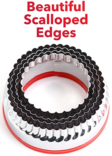 COOKIEQUE 4-Piece Fluted Round Metal Cookie Cutters Set with Red Top Handles