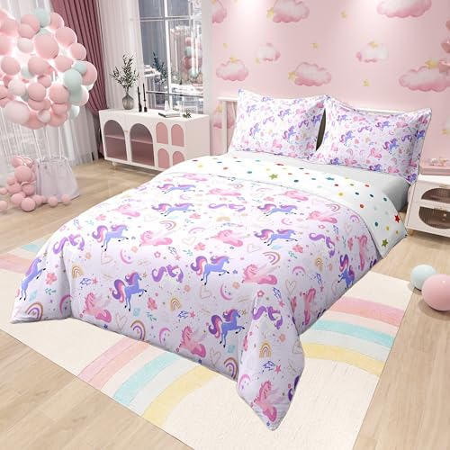 Queen Size Cotton Duvet Cover Set - Purple Unicorn Rainbow Floral Bedding