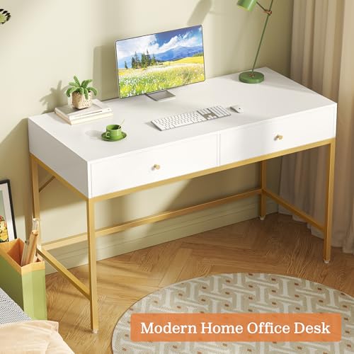 Modern 47-Inch Vanity Desk with Two Drawers, White and Gold Makeup Table