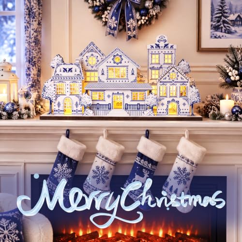 Tondiamo Lighted Chinoiserie Blue & White Christmas Village House Centerpiece