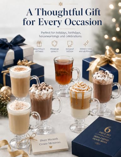 Set of 6 Irish Coffee Glass Mugs with Handle, 8.5 Oz Heat-Resistant Clear Glass