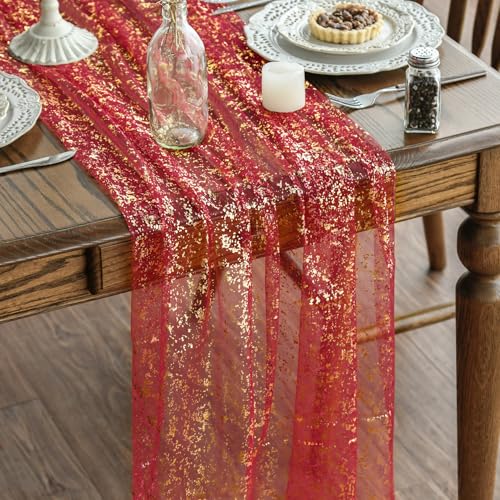 28x120 Inch Red Gold Gauze Table Runner 10Pcs Glitter Metallic Sheer Decor