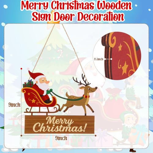 Merry Christmas Door Sign Santa Reindeer Wood Hanger with Burlap Rope