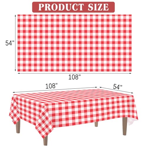 2 Pack Red Gingham Disposable Tablecloths, 54 x 108 Inch Plastic Table Cover