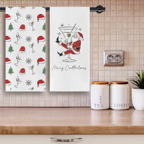 CosxHabitat Santa Cocktail Christmas Kitchen Dish Towels - Set of 2, 16x24 Inches
