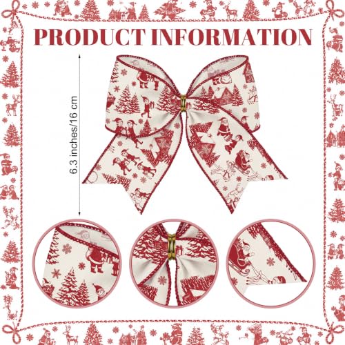 Realspring 12-Pack 6.3in Red Santa Toile de Jouy Christmas Bows - French Sketch