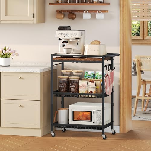 Rolling Kitchen Microwave Cart with Adjustable Shelf and Storage Hooks