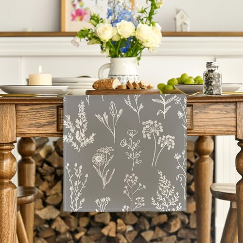 Artoid Mode 13x72 Inch Leaves Flowers Spring Table Runner Silver Seasonal Kitchen Decor