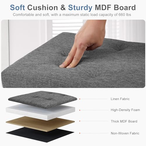 43-Inch Folding Storage Ottoman Bench with Padded Linen Seat - Grey