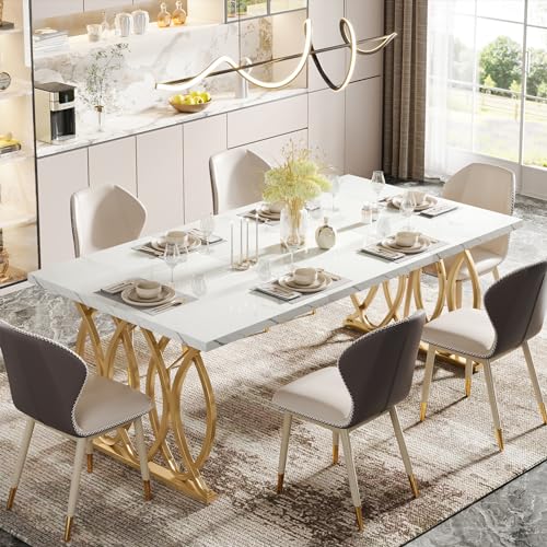 63-Inch Modern Rectangular Dining Table, White Faux Marble and Gold Legs