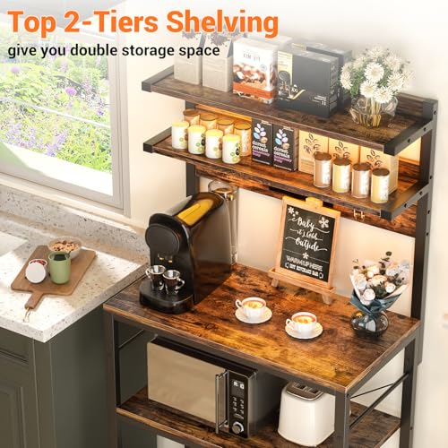 5-Tier Bakers Rack with Power Outlet, RGB LED Lights, and Storage Shelves