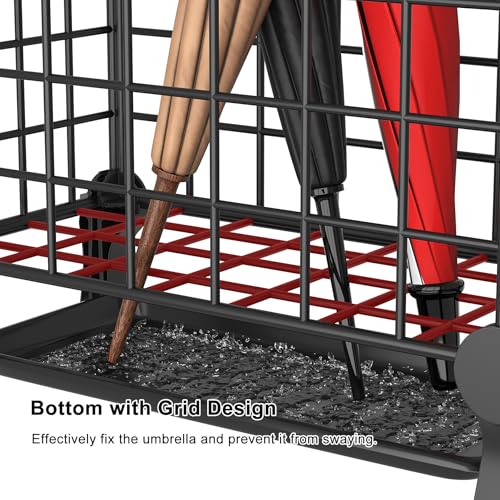 Freestanding Metal Umbrella Stand with Drip Tray and Hooks for Entryway