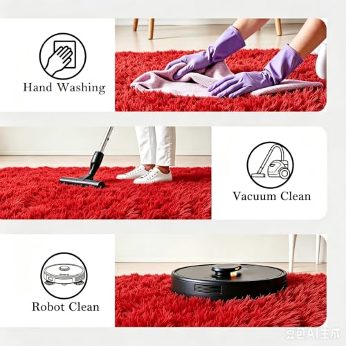 Red 4x6ft Ultra Soft Fluffy Shag Area Rug for Bedroom – Non-Slip Velvet Backing