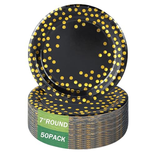 50 Pack Black and Gold Disposable Paper Plates 7 Inch for Parties