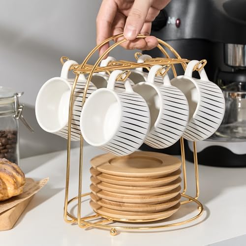 LUKA 6-Stripe White Ceramic Espresso Cups Set with Saucers & Metal Holder, 4.4 oz