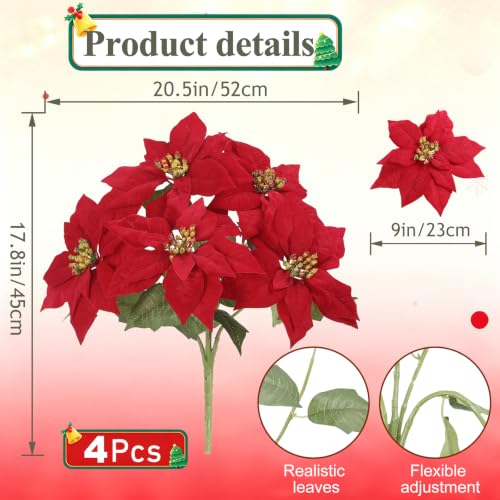 Artificial Christmas Poinsettia Flowers Set - Red, 4 Bundles, 20 Blooms