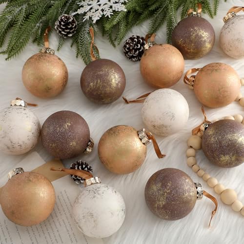 12 Pcs 3.15 Inch Neutral Textured Christmas Ball Ornaments, Brown