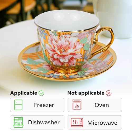 Qetoosur 6-Piece Vintage Floral Ceramic Tea Cup & Saucer Set, 8 OZ for Coffee & Tea