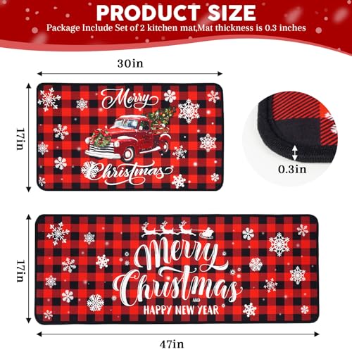 Voanos Christmas Buffalo Plaid Kitchen Rugs Set - Red Truck Holiday Decor, 17x30 & 17x47 Rectangular Variations