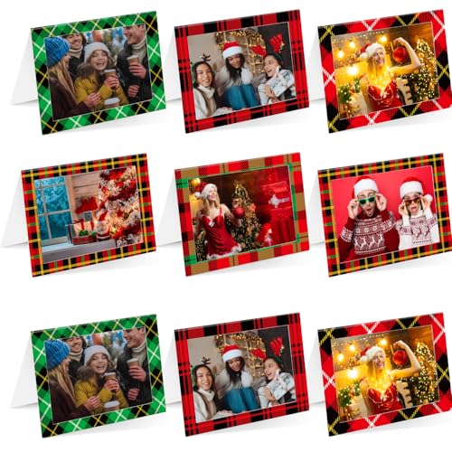 Motiskyy Christmas Plaid Photo Frame Greeting Cards Set with Envelopes, 100 pcs