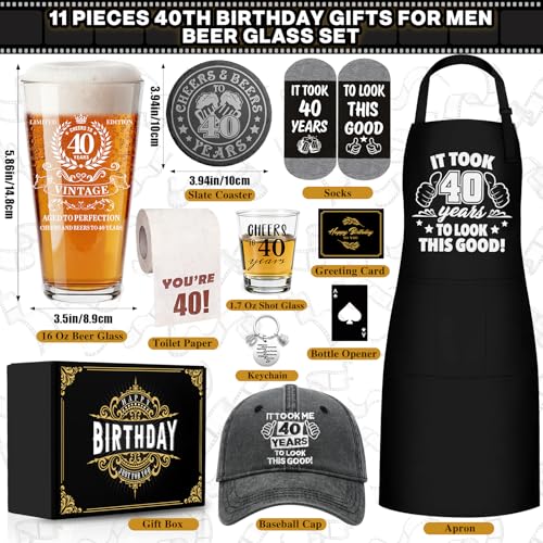 40th Birthday Gift Set for Men: Beer Glass, Shot Glass, Apron, and Accessories