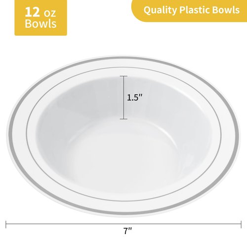 Goodluck 25 Pack Plastic Bowls with Silver Rim, 12oz Disposable Soup Bowls for Weddings, Parties, Dinners, Catering, and Everyday Use