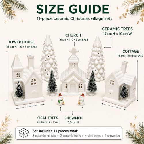 JesMolla 11-Piece White Ceramic Christmas Village Set with 6-Hour Timer, Battery-Operated Houses & Trees