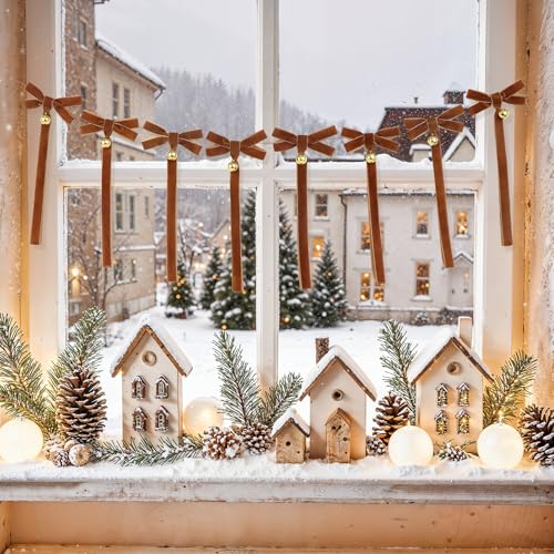 Christmas Velvet Bow Garland with Bells – Pre-Strung 8 Bows Mantel Staircase Decor