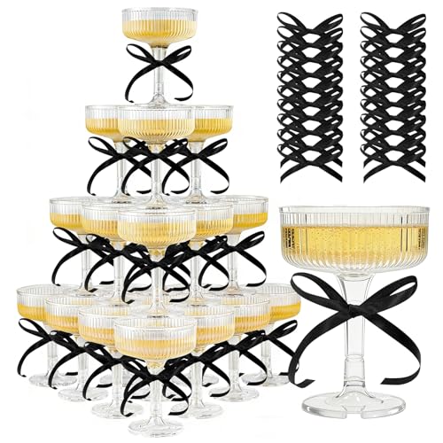 Black Acrylic Champagne Tower Set - 20 Unbreakable Flutes with Bows & Dots