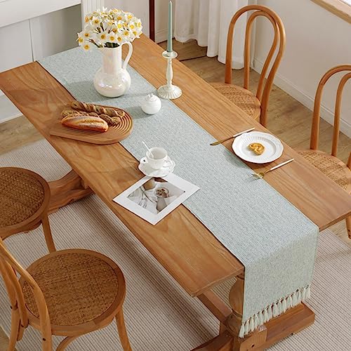 Rakila 13x108 Inch Light Blue Green Tassel Bohemian Farmhouse Table Runner
