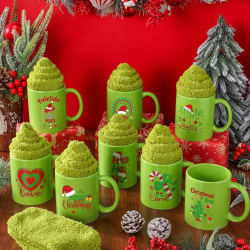 Kinlop Green Christmas Mug Gift Set with Cozy Socks - 8 Piece Holiday Bundle