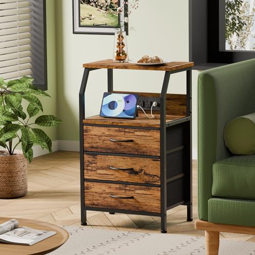 Nightstand with Charging Station and 3 Fabric Drawers, Rustic Side Table