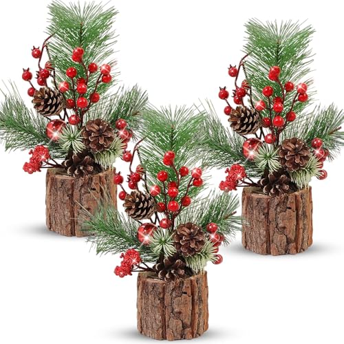Solsew 3 Pcs 11 Inch Classic Christmas Tabletop Trees with Ornaments & Pine Cones