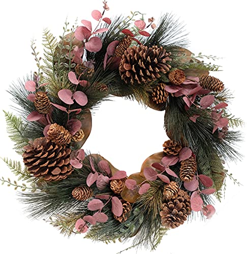 TEMPUS 20in Winter Wreath Magnolia & Red Eucalyptus with Pine Cones — Front Door Decor