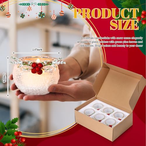 6-Piece Christmas Votive Candle Holders with Snowy Pine Leaves & Red Berries