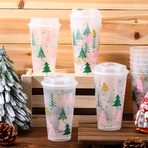 Bokon 12 Pack Clear Plastic Cups with Lids 16oz Boho Christmas Tree Design