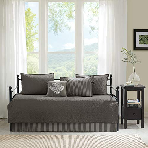 Reversible Daybed Cover Set - 6-Piece Quilted Cotton Bedding, Dark Grey
